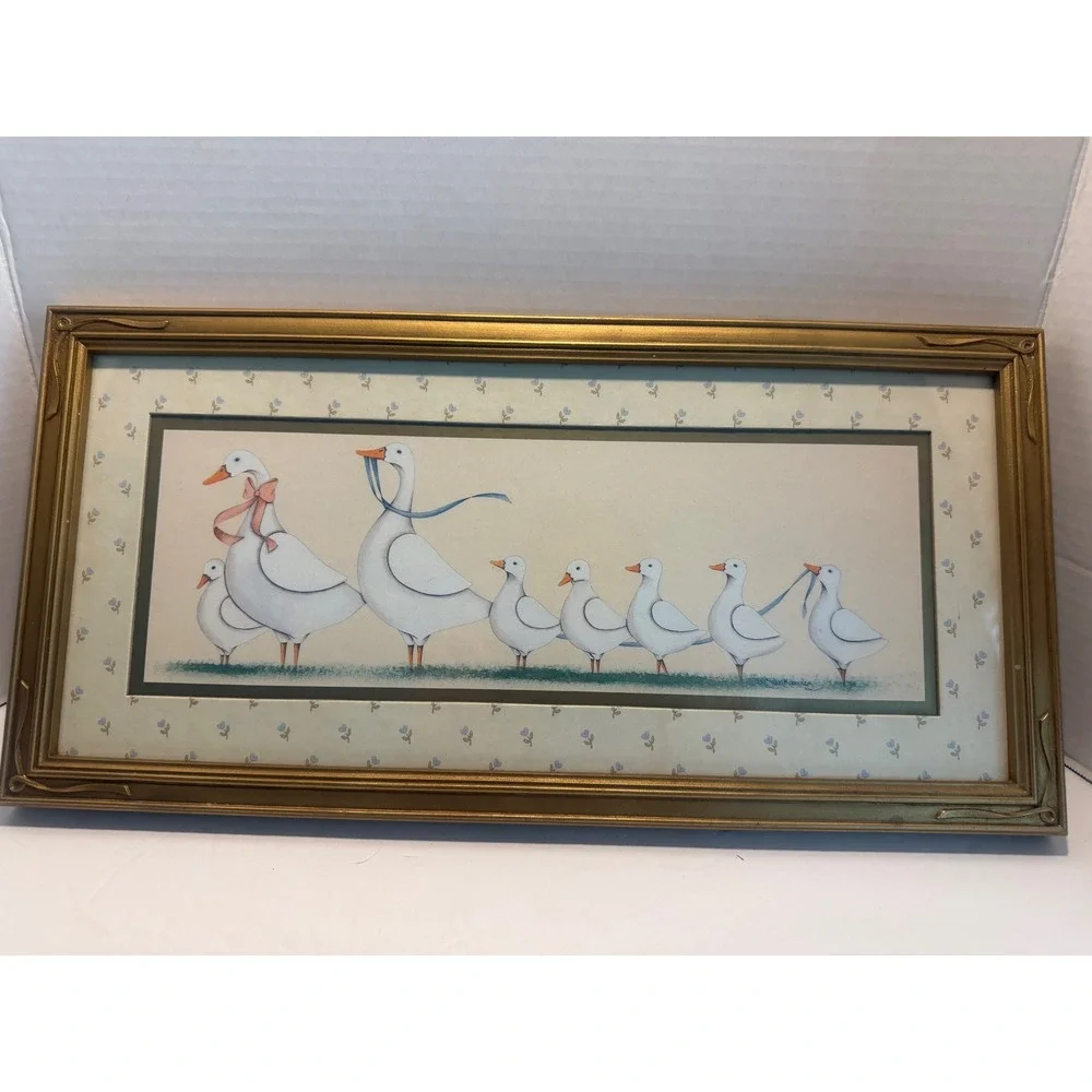 Vintage Homco Gold Framed Gaggle of Geese Family Blue & Pink bowls 18x8